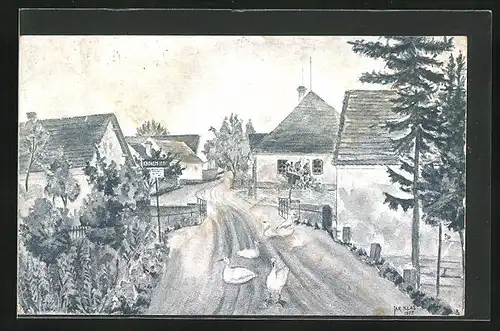 AK Drenice u Pardubic, Gänse auf der Dorfstrasse