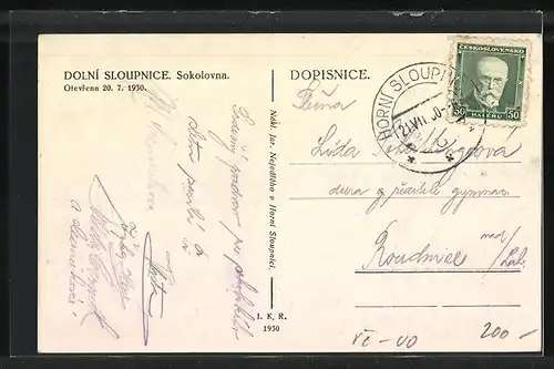 AK Dolni Sloupnice, Sokolovna, Gebäude der Turnbewegung