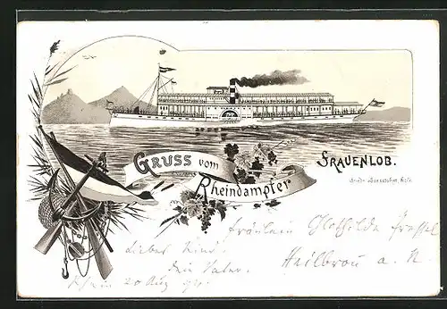 Vorläufer-Lithographie Gruss vom Rheindampfer Frauenlob, 1894