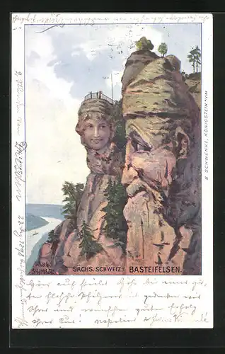 Künstler-AK Schwenke Ser. 5. Nr. 2: Basteifelsen in der sächs. Schweiz, Berg mit Gesicht / Berggesichter