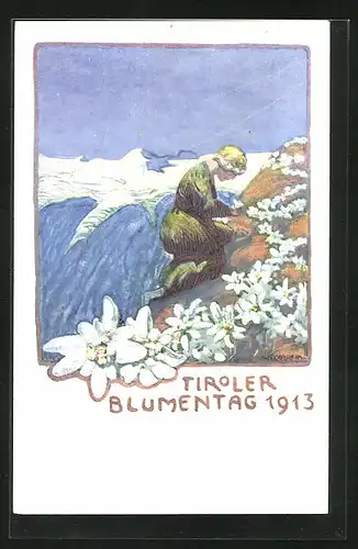 Künstler-AK Tiroler Blumentag 1913, Maid pflückt Edelweiss