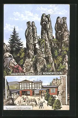 Künstler-AK Jonsdorf, Restaurant a. d. Nonnenfelsen in der sächs. Schweiz, Berg mit Gesicht / Berggesichter