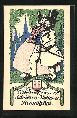 Künstler-AK Wilsdruff, Schützen- Volks- und Heimatfest 1924, Paar in festlicher Kleidung