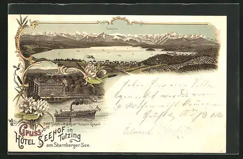 Lithographie Tutzing am Starnberger See, Hôtel Seehof & Dampfer Luitpold, Panorama