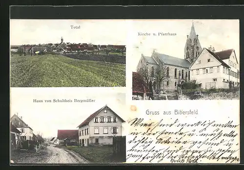 AK Bibersfeld, Totalansicht, Haus von Schultheis Bergmüller, Kirche u. Pfarrhaus