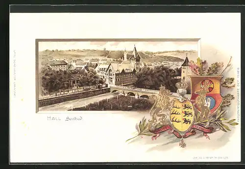 Passepartout-Lithographie Hall, Ortspartie mit Brücke, Wappen