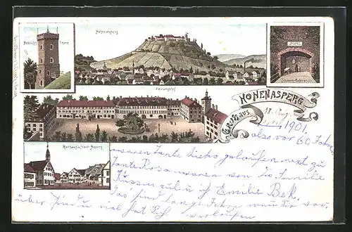 Lithographie Hohenasperg, Aussichts-Turm, Festungshof, Schubart-Gefängnis