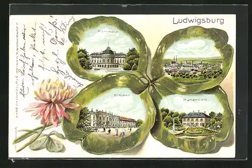 Passepartout-Lithographie Ludwigsburg, Monrepos, Schloss & Marienwahl im Kleeblatt