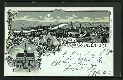 Mondschein-Lithographie Ochsenfurt, Teilansicht, Tor, Gebäudeansicht