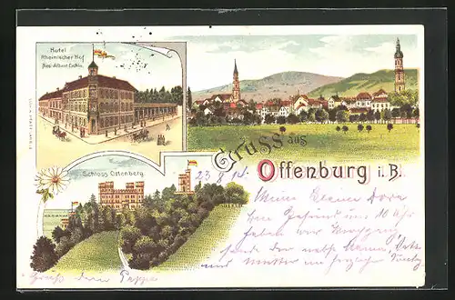 Lithographie Offenburg i. B., Hotel Rheinischer Hof, Schloss Ortenberg