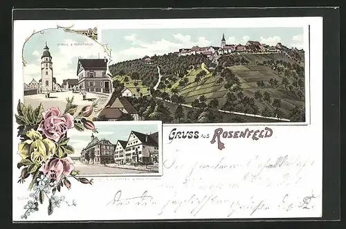 Lithographie Rosenfeld, Rathaus mit Apotheke und Marktbrunnen, Kirche und Forsthaus