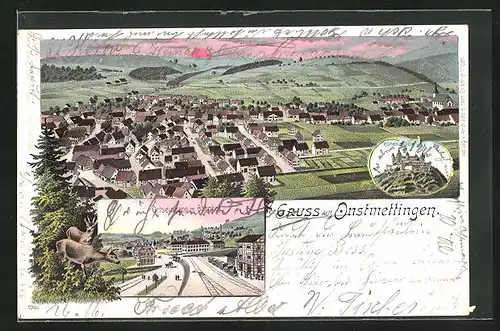Lithographie Onstmettingen, Ortseingang mit Bahnhof, Totalansicht, Burg Hohenzollern