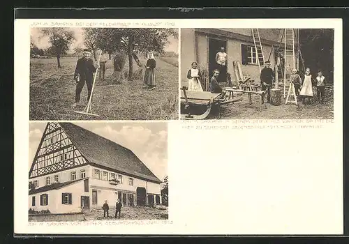 AK Ostdorf b. Balingen, Joh. M. Sämann bei der Feldarbeit im August 1912, Geburtshaus Joh. M. Sämann