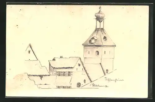 Künstler-AK Handgemalt: Uffenheim, Kirchturm und Dächer