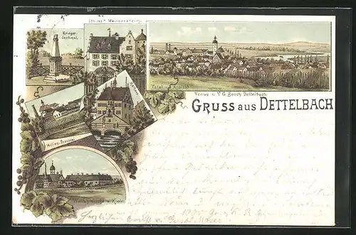 Lithographie Dettelbach, Kriegerdenkmal, Wallfahrtskirche, Actien-Brauerei