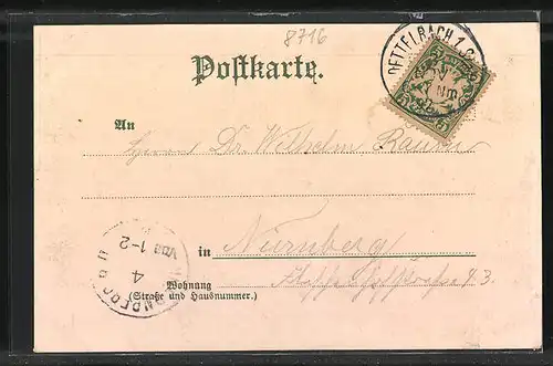 Lithographie Dettelbach, Kriegerdenkmal, Wallfahrtskirche, Actien-Brauerei