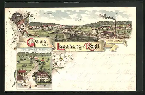 Lithographie Lossburg-Rodt, Bruderhaus Rodt, Dampfsägewerk von Gaiser & Schnittenhelm, Auerhahn