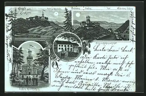 Mondschein-Lithographie Einkorn, Aussichtsturm, Blick vom Einkorn nach Hall, Forsthaus