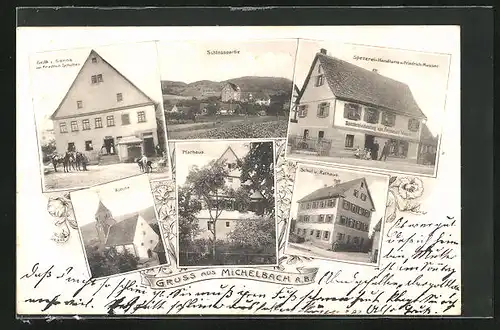 AK Michelbach a. Bilz., Gasthaus z. Sonne, Spezerei-Handlung v. Friedrich Mauser, Pfarrhaus, Kirche