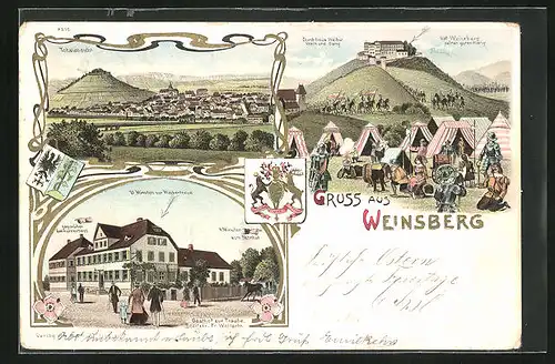 Lithographie Weinsberg, Gasthaus zur Traube, spätmittelalterliches Militärlager, Totalansicht