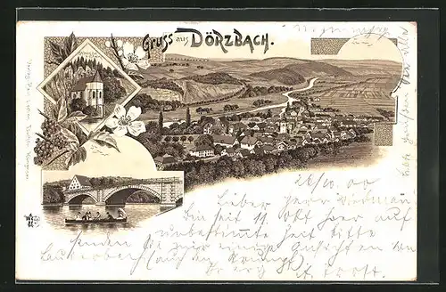 Lithographie Dörzbach, Kapelle St. Wendel am Stein, Totalansicht, Brücke