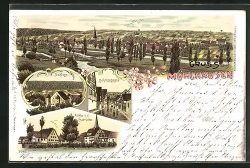 Lithographie Mühlhausen an der Enz, Schloss, Mühle und Enzbrücke, Totalansicht