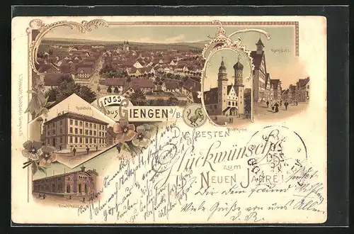 Lithographie Giengen, Marktplatz, Realschule, Fruchthalle, Stadtkirche