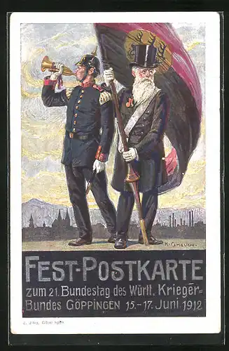 Künstler-AK Göppingen, Fest-Postkarte zum 21. Bundestag des Württ. Krieger-Bundes 1912, Alter und Junger Krieger, Wappen
