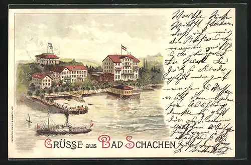 Lithographie Bad Schachen, Hafen mit Dampfer