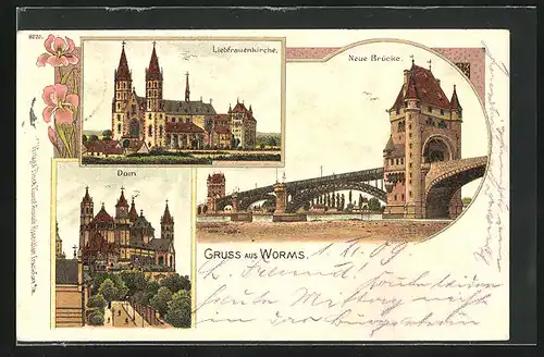Lithographie Worms, Liebfrauenkirche, Dom, Brücke