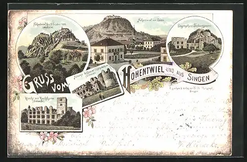 Lithographie Singen, Hohentwiel, Festungsruine, Kirche