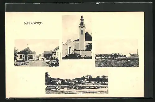 AK Myskovice, Kirche, Uferpartie, Ortspartie