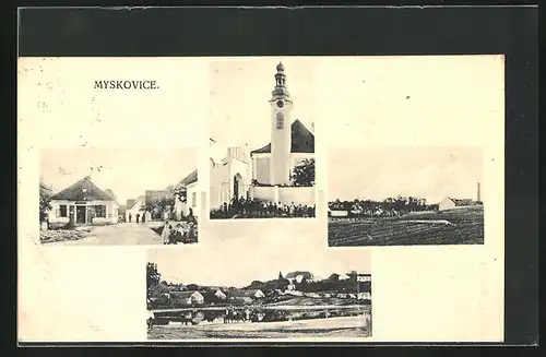 AK Myskovice, Kirche, Uferpartie, Ortspartie