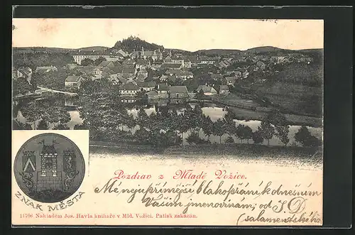 AK Mlade Vozice, Panorama der Ortschaft, Wappen