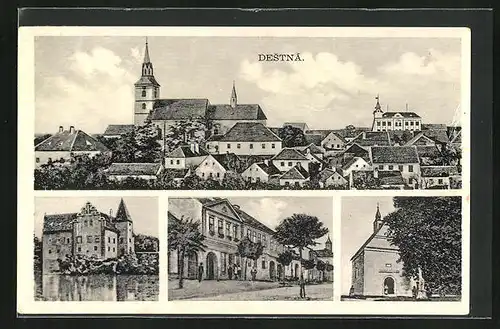 AK Destna, Panorama, Kirche, Wasserburg