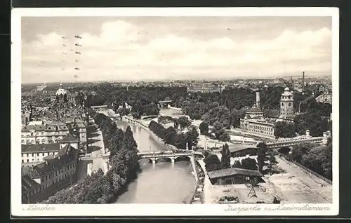 AK München, Isarpartie mit Maximilianeum aus der Vogelschau