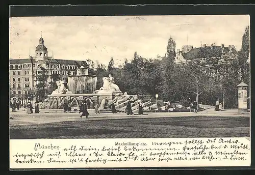 AK München, Maximiliansplatz mit Brunnen und Passanten