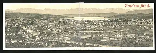 Klapp-Lithographie Zürich, Panoramablick auf Stadt und Alpen von der Waid aus