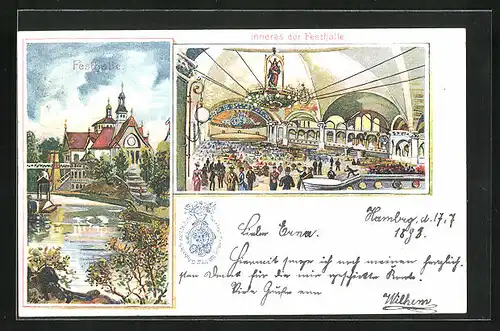 Lithographie Hamburg, 9. Deutsches Turnfest 1898, Festhalle, Festpostkarte