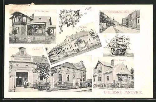 AK Uhlirské Janovice, Komenského ulice, Villa Tonca, Posta, Villa Rückel