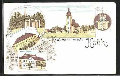 Lithographie Kank, Král. horni mesto, Radnice a skola, Fara, Kalvarie