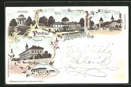 Lithographie Weltrus, Hostinec U havrana, Zámek, Kostel