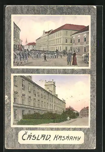 AK Tschaslau / Caslav, Kasárny / Kaserne, Soldaten marschieren durch die Stadt