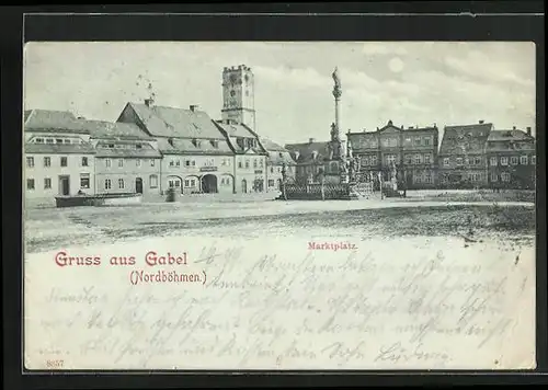 Mondschein-AK Gabel / Nordböhmen, Blick auf den Marktplatz