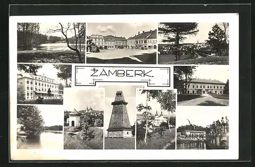 AK Zamberk, Marktplatz, Schwimmbad, Panorama