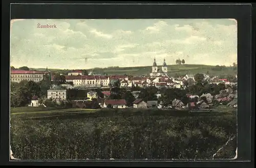 AK Zamberk, Panorama der Ortschaft mit Kirche