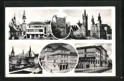 AK Klattau, Mehrfachansicht mit Hotel Central und Kirche