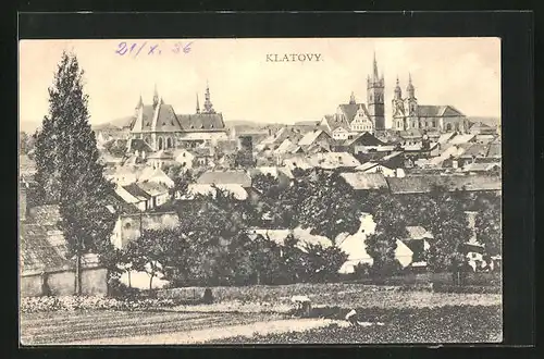 AK Klatovy, Stadtansicht mit Kirchen