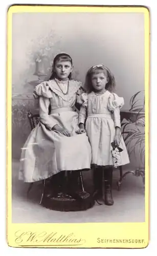 Fotografie E. W. Matthias, Seifhennersdorf, Portrait zwei Mädchen in hübschen Kleidern