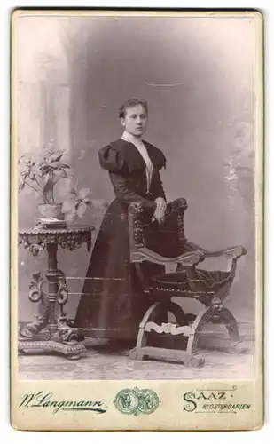 Fotografie W. Langmann, Saaz, Portrait junge Dame im Kleid